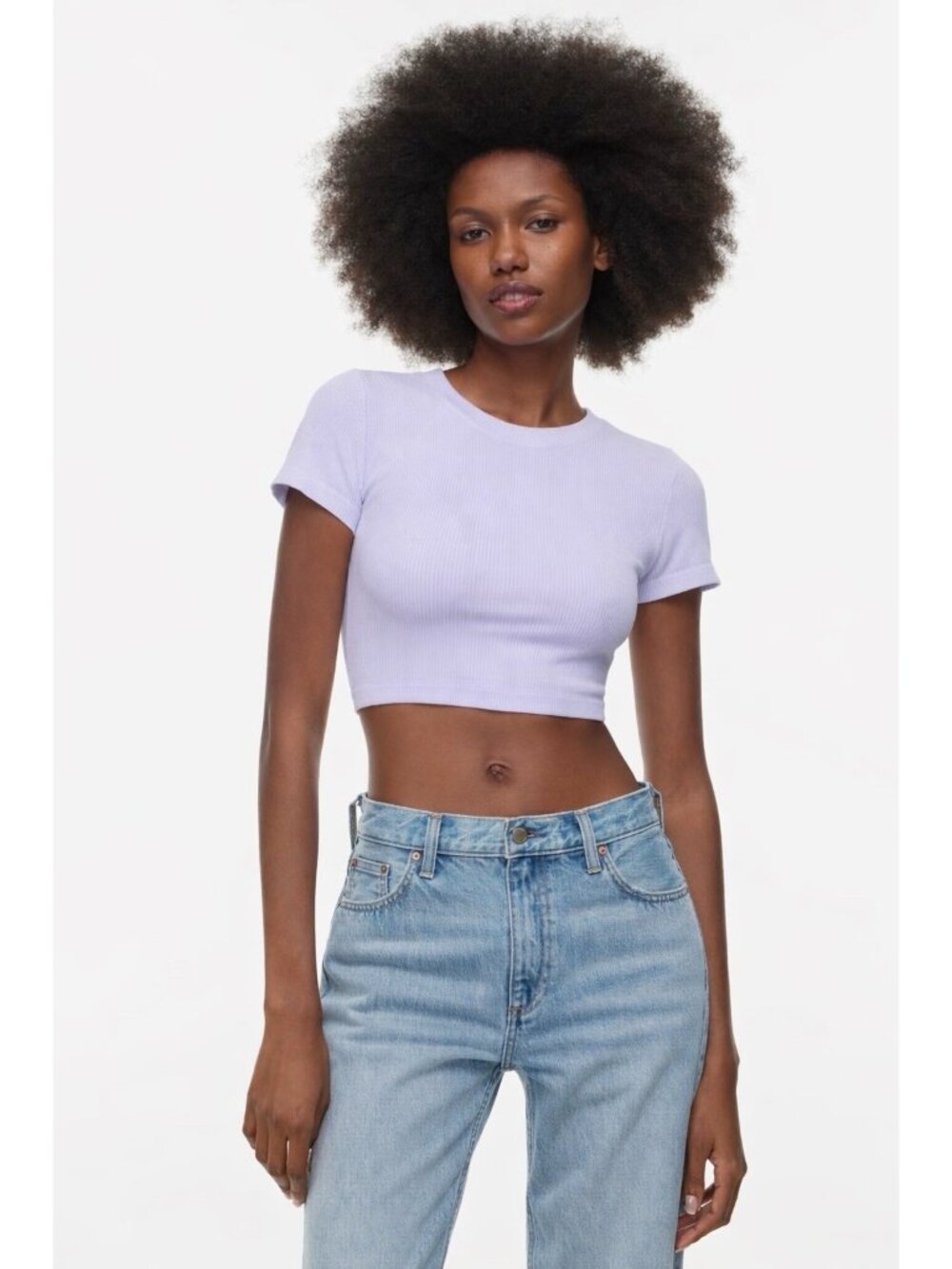 Aritzia Wilfred Free Ribbed Crop Top XS Lilac-Blue Fitted Stretch Tee Coquette